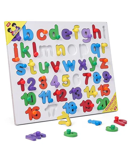 Anindita Wooden English Small Alphabets and Number Knob & Peg Puzzle - Multicolor