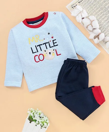 Wonderchild Full Sleeves Text Patch & Striped Tee With Pajama - Blue