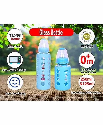 Mastela Borosilicate Glass Feeding Bottle with Silicone Cover Set of 2 Blue - 250 ml, 125 ml