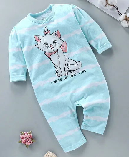 Fox Baby Full Sleeves Stripe Romper  Kitty Print - Sea Green White