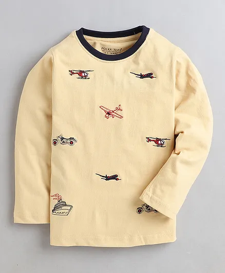 Polka Tots Full Sleeves Helicopter Embroidery Detailing Tee - Light Yellow