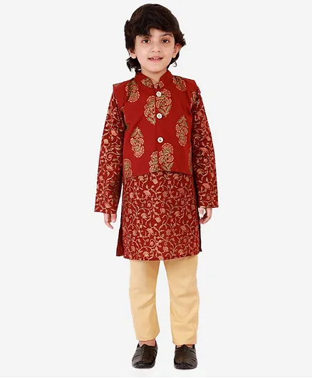 KID1 Full Sleeves Zohar Block Print Kurta With Jacket & Pajama - Maroon