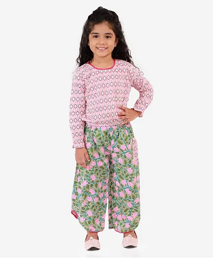 KID1 Full Sleeves Top With Floral Print Palazzo Set - Pink