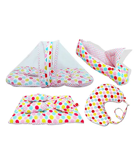 Vparents Mite Baby 4 Piece Bedding Set With Pillow And Bolsters Sleeping Bag And Bedding Set And Feeding Pillow Combo Polka Dots