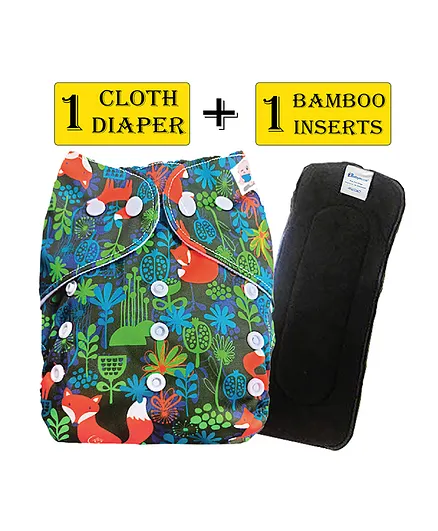 Babymoon Reusable Cloth Diaper with Bamboo Charcoal Insert Fox Print - Blue