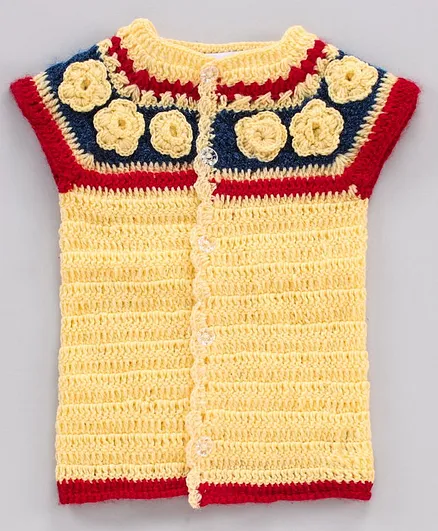 Richhandknits Short Sleeves Handknitted Sweater Floral Appliques - Yellow