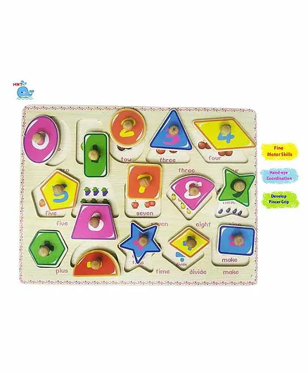 HNT Wooden Shapes Number and Counting Knob and Peg Puzzle Multicolor - 16 Pieces