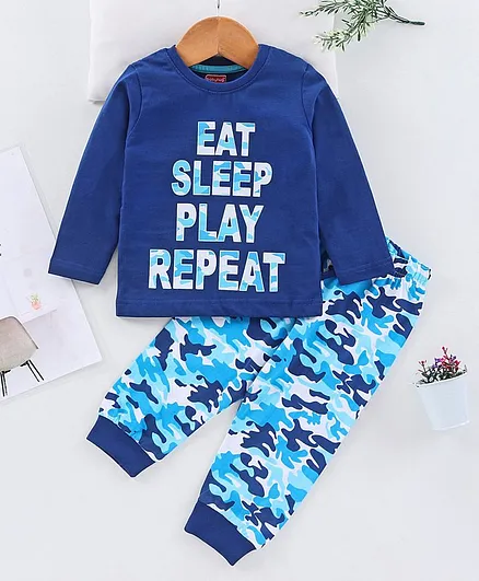 Babyhug Full Sleeves Bio Wash T-Shirt & Pajama  Set Text Print - Blue