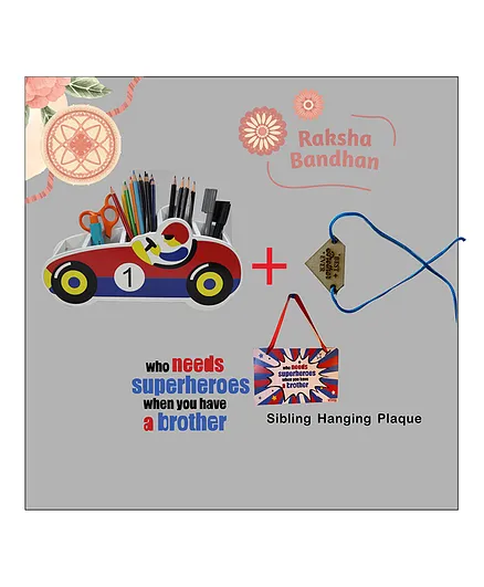 Kidoz Rakhi Special Racer Car Organiser with a Superhero Plaque and Free Rakhi Gift Set - Multicolor