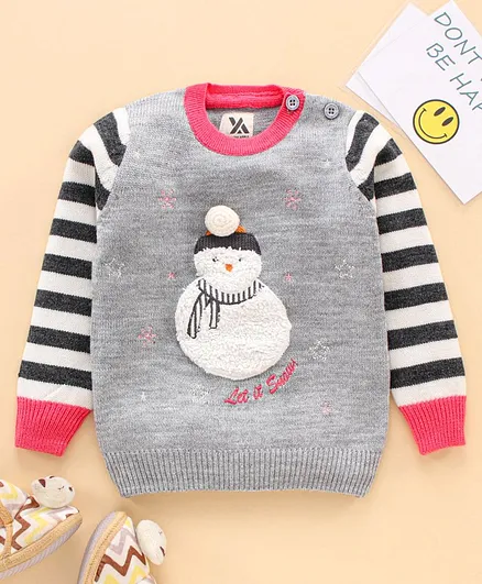 Yellow Apple Full Sleeves Sweater Snowman Embroidery - Grey