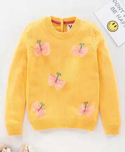 Yellow Apple Full Sleeves Sweater Butterfly Design - Yellow