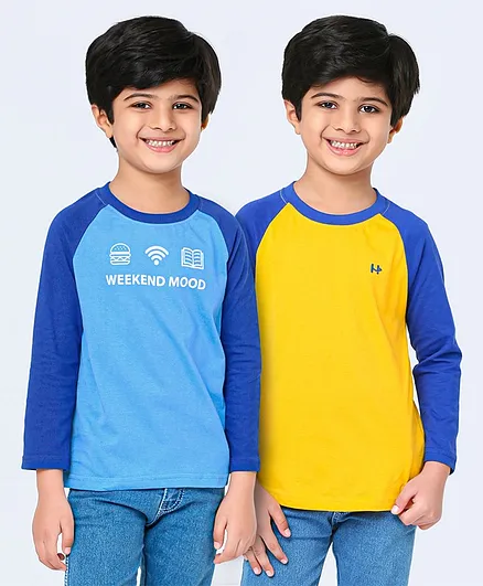 Honeyhap 100% Cotton Raglan Sleeves Tees With Silvadur Antimicrobial Finish Pack of 2 - Blue Yellow