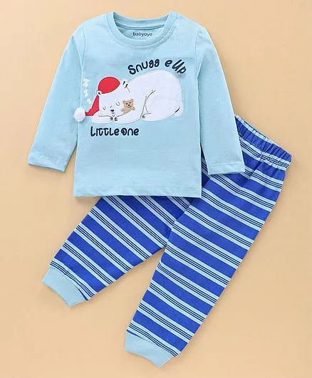 Babyoye Full Sleeves Cotton Snuggle Up  Night Suit Bear Print - Blue