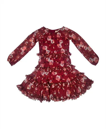 GINI & JONY Full Sleeves Floral Print Dress - Maroon
