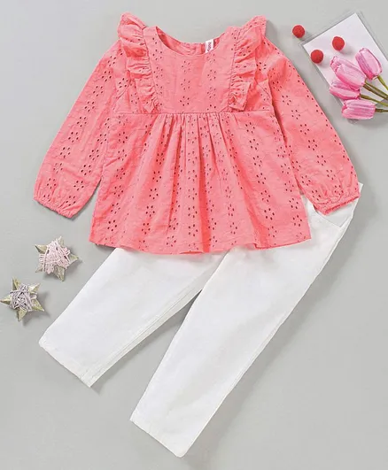 Babyhug Full Sleeves Top With Frill Detailing & Jeans - Pink & White