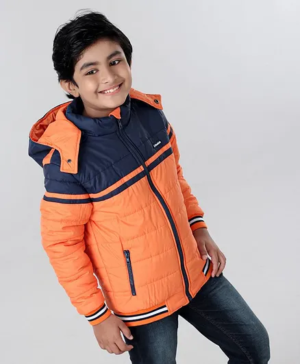 Pine Kids Full Sleeves Padded Medium Winter Hoodie Jacket Color Block - Orange