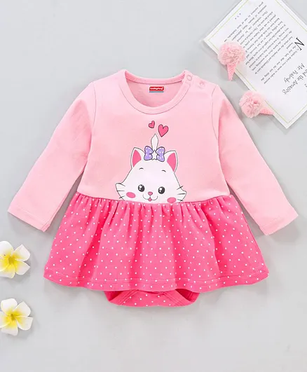 Babyhug 100% Cotton Full Sleeves Frock Style Onesie Kitty Print - Pink