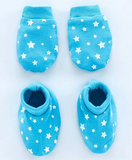 Babyhug 100% Cotton Star Print Mitten & Booties Set - Blue