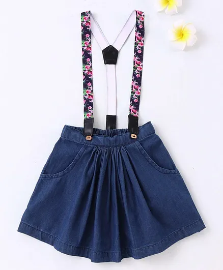 Babyhug Mid Thigh Pleated Skirt with Suspenders - Blue