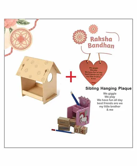 Kidoz Rakhi Special Bird House Craft Kit Wooden Unicorn Perpectual Calender with Pencil Stand & Heart Sibling Hanging - Multicolor