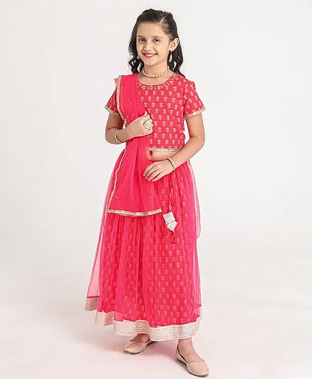 Pine Kids Half Sleeves Embroidered Choli with Foil Print  Lehenga & Dupatta Set Embellished with Lace Borders - Pink