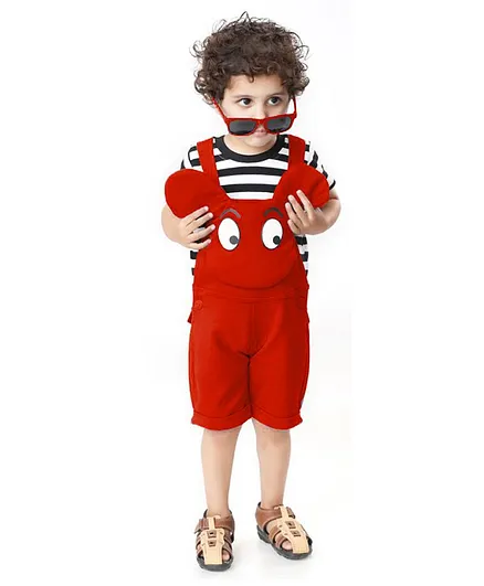 Kooka Kids Half Sleeves Striped Tee With Dungaree - Red