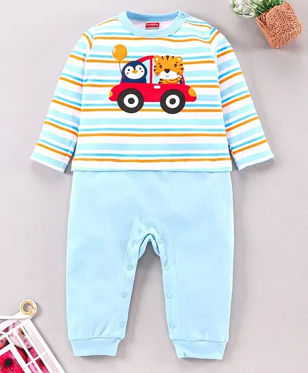 Babyhug 100% Cotton Full Sleeves Romper Striped & Car Print - Blue