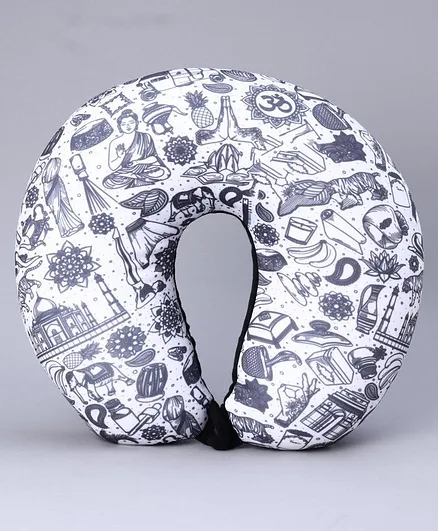 U Shaped Neck Pillow With Microbeeds Stuffing Cultural Theme - White & Black