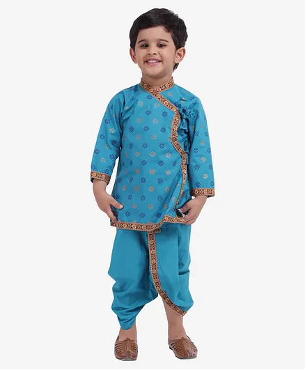 BownBee Full Sleeves Butti Printed Angrakha Kurta & Dhoti Set - Blue