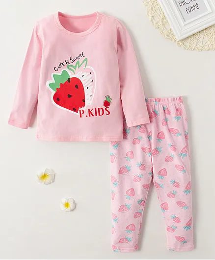Kookie Kids Full Sleeves Night Suit Strawberry Print - Pink