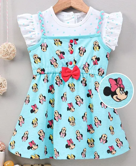 Babyhug Frock With Cap Sleeves Top Minnie Mouse Print - Blue White