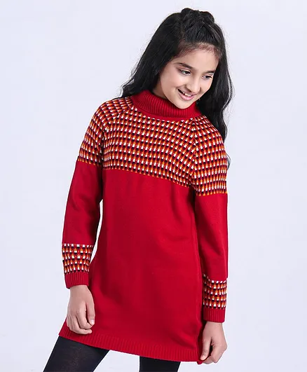 Pine Kids Full Sleeves Medium Winter Woollen Dress - Red