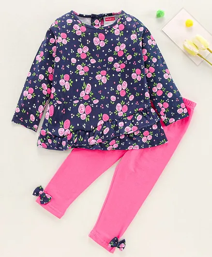 Babyhug Full Sleeves Top & Leggings Floral Print - Blue Pink