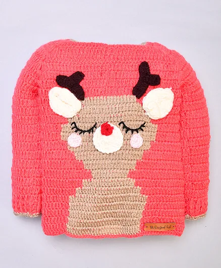 The Original Knit Handmade Full Sleeves Deer Design Sweater - Pink