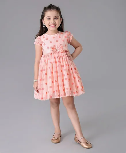Babyhug Cap Sleeves Party Wear Dots Print - Peach