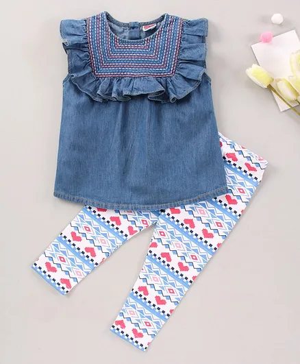Babyhug Short Sleeves Embroidery Denim Top & Leggings Set - Blue White
