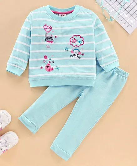 ToffyHouse Full Sleeves Striped Top and Lounge Pant Set Animal Embroidery - Blue