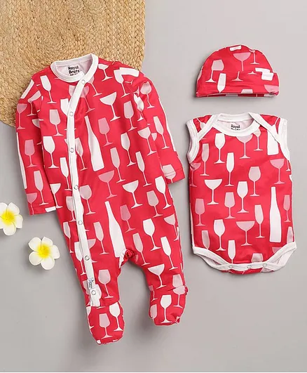 ROYAL BRATS Full Sleeves Glass Print Romper With Onesie & Cap - Circumference - 9 - Red