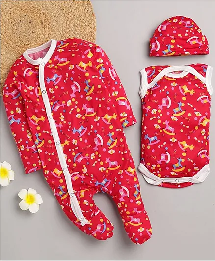 ROYAL BRATS Full Sleeves Horse Toy Print Romper With Onesie & Cap - Circumference - 9.5 - Red