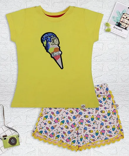 Nino Togs Sequin & Embroidery applique Tee with Printed Hot Pants set for Girls Yellow