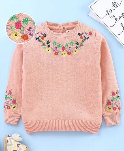 Yellow Apple Full Sleeves Sweater Floral Embroidery - Peach