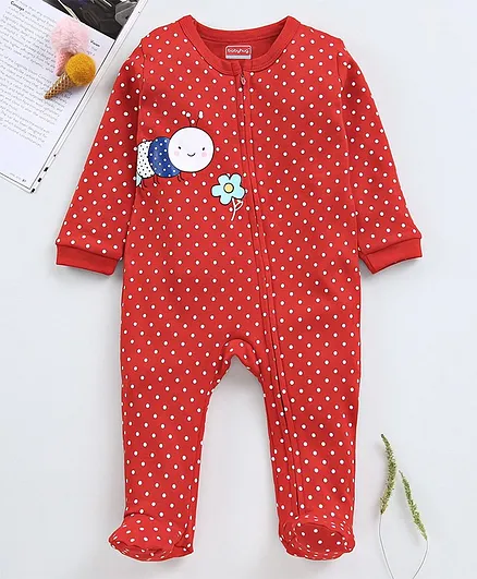 Babyhug Full Sleeves Sleepsuit Polka Dot - Red