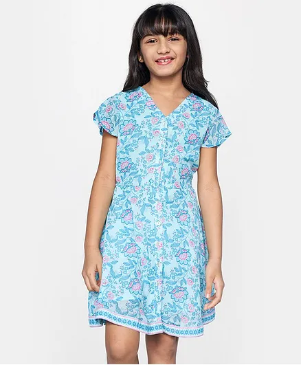 Global Desi Girl Half Sleeves Floral Print Dress - Blue