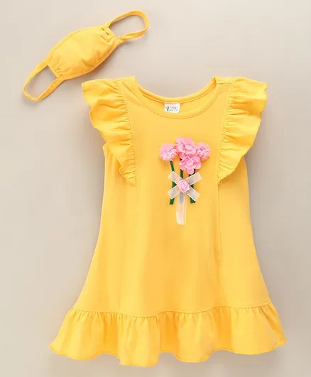 Hola Bonita Flutter Sleeves Frock Floral Appliques - Yellow