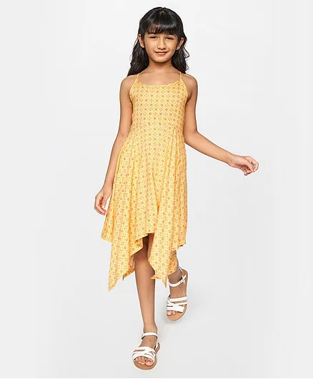 Global Desi Girl Sleeveless Printed Asymmetrical Dress - Yellow