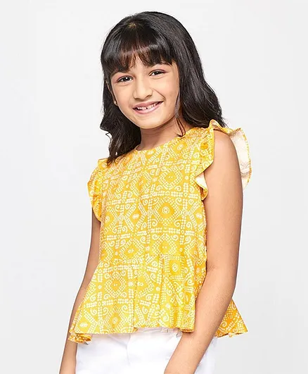Global Desi Girl Casual Sleeveless Bandhani Top - Yellow