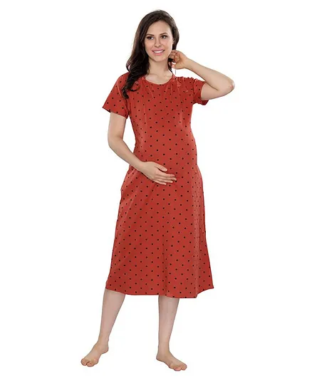 Piu Half Sleeves Polka Dotted Side Buttoned Maternity Feeding Night Gown - Brown