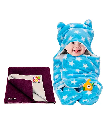 BeyBee New Born Babies Combo Blanket & Dry Sheet - Blue Plum