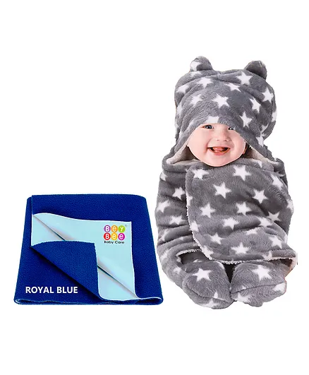 BeyBee New Born Babies Combo Blanket & Dry Sheet - Grey Royal Blue