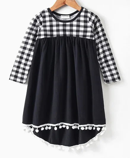 CrayonFlakes Full Sleeves Checkered High Low Lace Dress - Black
